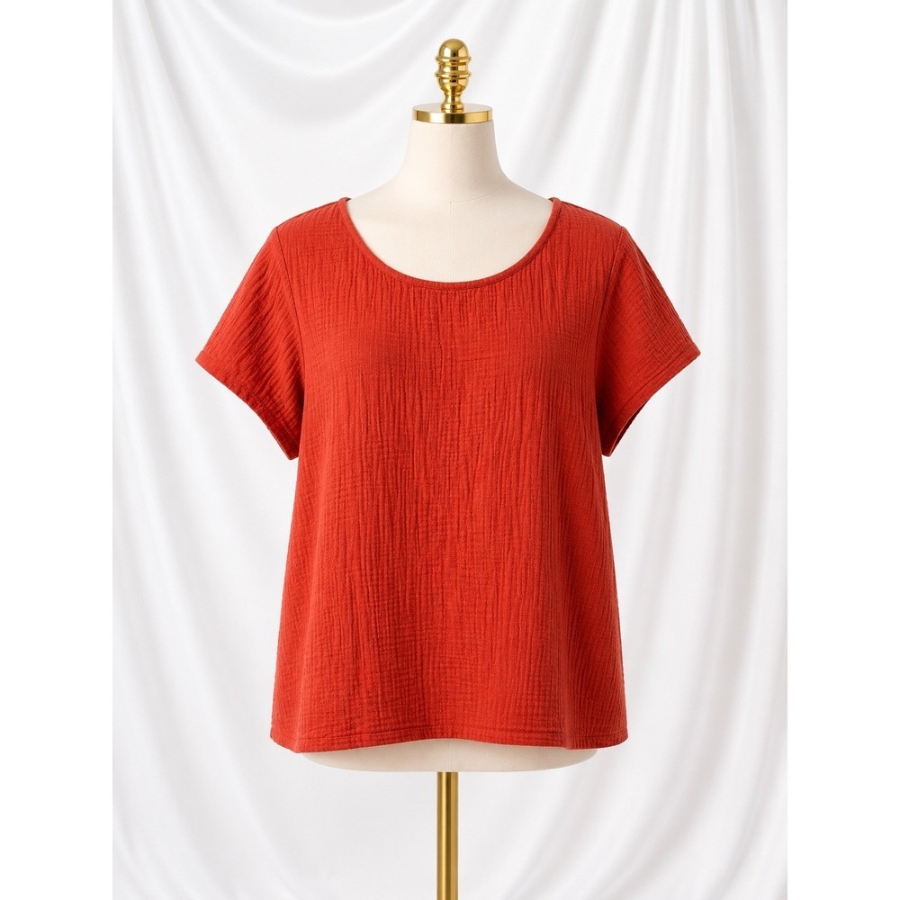 New J.Jill Gauze Top Boxy Cotton‎ Top Size 2X Red Roasted Tomato Short Sleeve